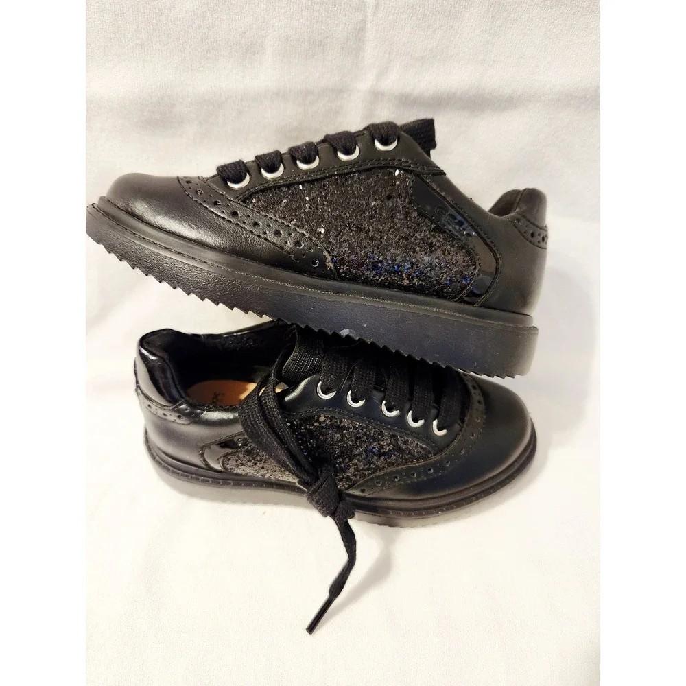 Geox Respira Kids Black Glitter Italian Patent Leather Shoes Girl Size US11 EU29